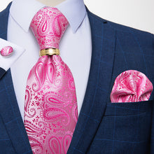 4PCS Pink Paisley Silk Men's Tie Pocket Square Cufflinks With Tie Ring Set (4658007965777)