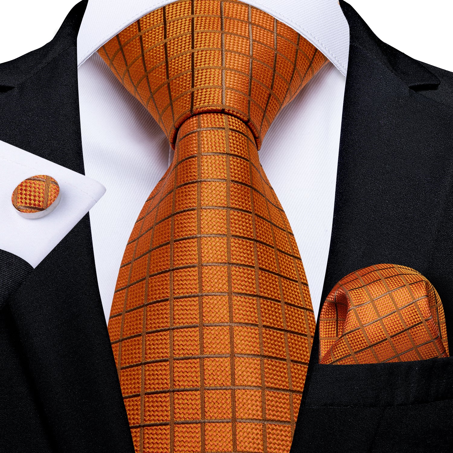 silk mens plaid burnt orange tie handkerchief cuff links set