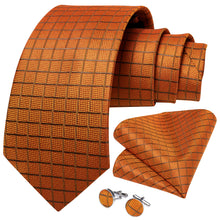 silk mens plaid burnt orange tie handkerchief cuff links set