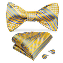 Yellow Blue Striped Self-Bowtie Pocket Square Cufflinks Set