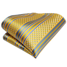 Yellow Blue Striped Self-Bowtie Pocket Square Cufflinks Set