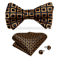 Black Golden Plaid Silk Self-Bowtie Pocket Square Cufflinks Set
