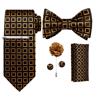 Black Brown Geometric Bowtie Necktie  Hanky Cufflinks Brooch Clip Set
