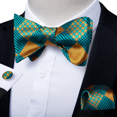 Blue Brown Silk Self-Bowtie Pocket Square Cufflinks Set