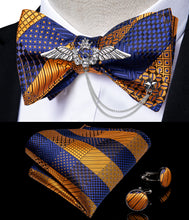 Blue Yellow Plaid Self-Bowtie Pocket Square Cufflinks With Wing Lapel Pin Brooch
