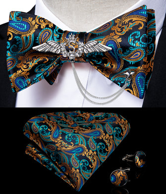 Cyan Yellow Paisley Self-Bowtie Pocket Square Cufflinks With Wing Lapel Pin Brooch