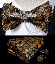 Black Gold Floral Self-Bowtie Pocket Square Cufflinks With Wing Lapel Pin Brooch