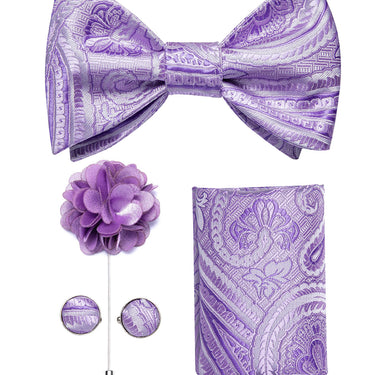 Purple Paisley Self-Bowtie Pocket Square Cufflinks Set With Brooch