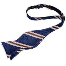 Blue Brown Striped Silk Self-Bowtie Pocket Square Cufflinks Set