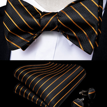 Black Golden Striped Silk Self-Bowtie Pocket Square Cufflinks Set