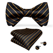 Black Golden Striped Silk Self-Bowtie Pocket Square Cufflinks Set