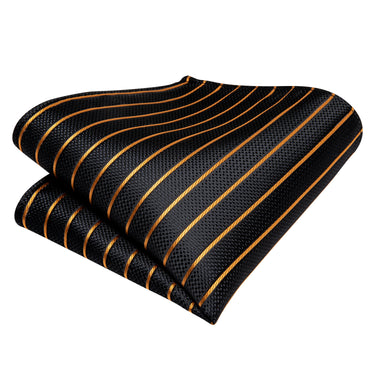 Black Gold Striped Self-Bowtie Pocket Square Cufflinks Set (4339173425233)