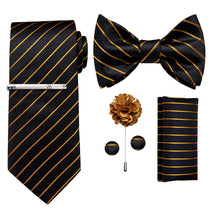 Black Yellow Striped Bowtie Necktie  Hanky Cufflinks Brooch Clip Set
