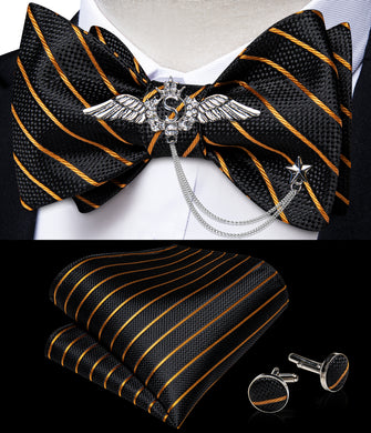 Black Yellow Striped Self-Bowtie Pocket Square Cufflinks With Wing Lapel Pin Brooch