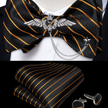 Black Yellow Striped Self-Bowtie Pocket Square Cufflinks With Wing Lapel Pin Brooch