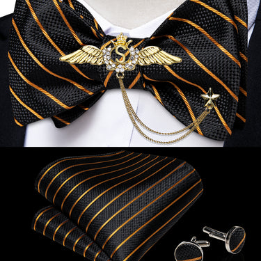 Black Yellow Striped Self-Bowtie Pocket Square Cufflinks With Wing Lapel Pin Brooch