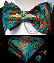 Teal Orange Paisley Self-Bowtie Pocket Square Cufflinks With Wing Lapel Pin Brooch