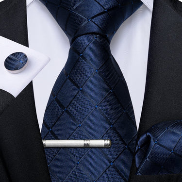 Blue Plaid Men's Tie Handkerchief Cufflinks Clip Set (4690570707025)