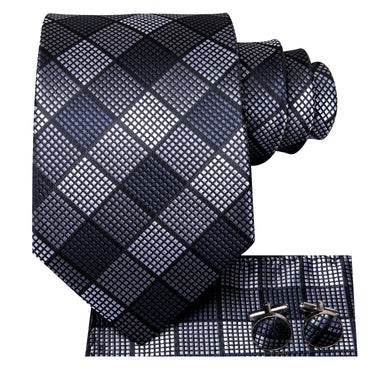 Black Grey Plaid Tie Handkerchief Cufflinks Set (578948890666)
