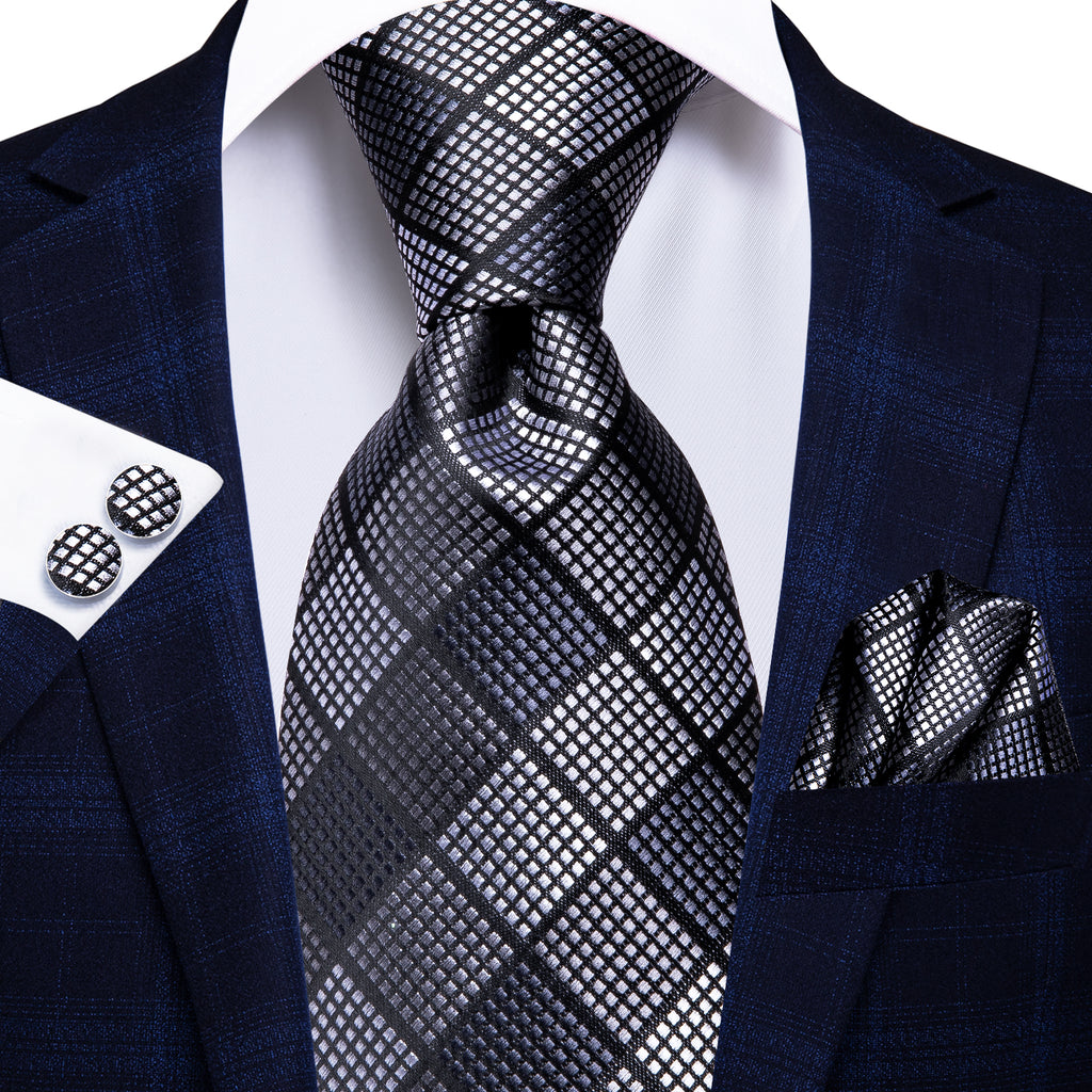 Black Grey Plaid Tie Handkerchief Cufflinks Set– DiBanGuStore