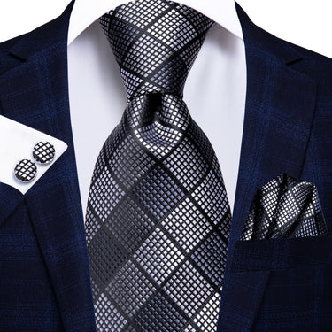 Black Grey Plaid Tie Handkerchief Cufflinks Set (578948890666)