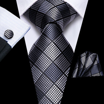 Black Grey Plaid Tie Handkerchief Cufflinks Set