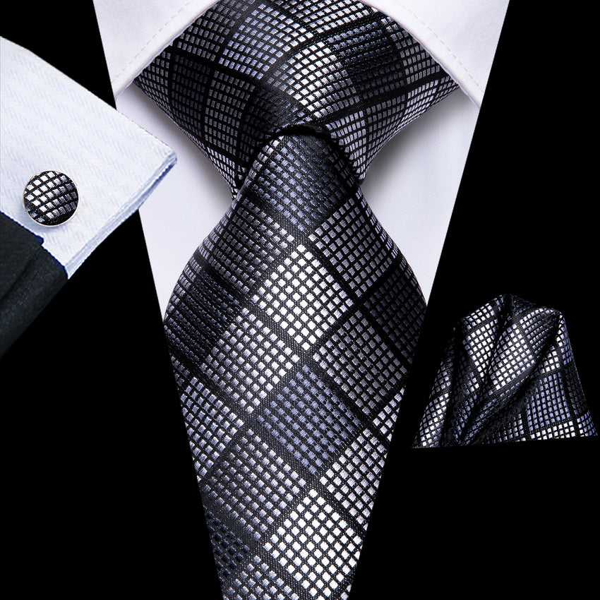 Black Grey Plaid Tie Handkerchief Cufflinks Set– DiBanGuStore