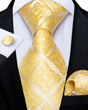 Golden Floral Necktie Handkerchief Cufflinks Set