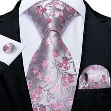fashion grey pink silk mens groom ties handkerchief cufflinks set for business dress