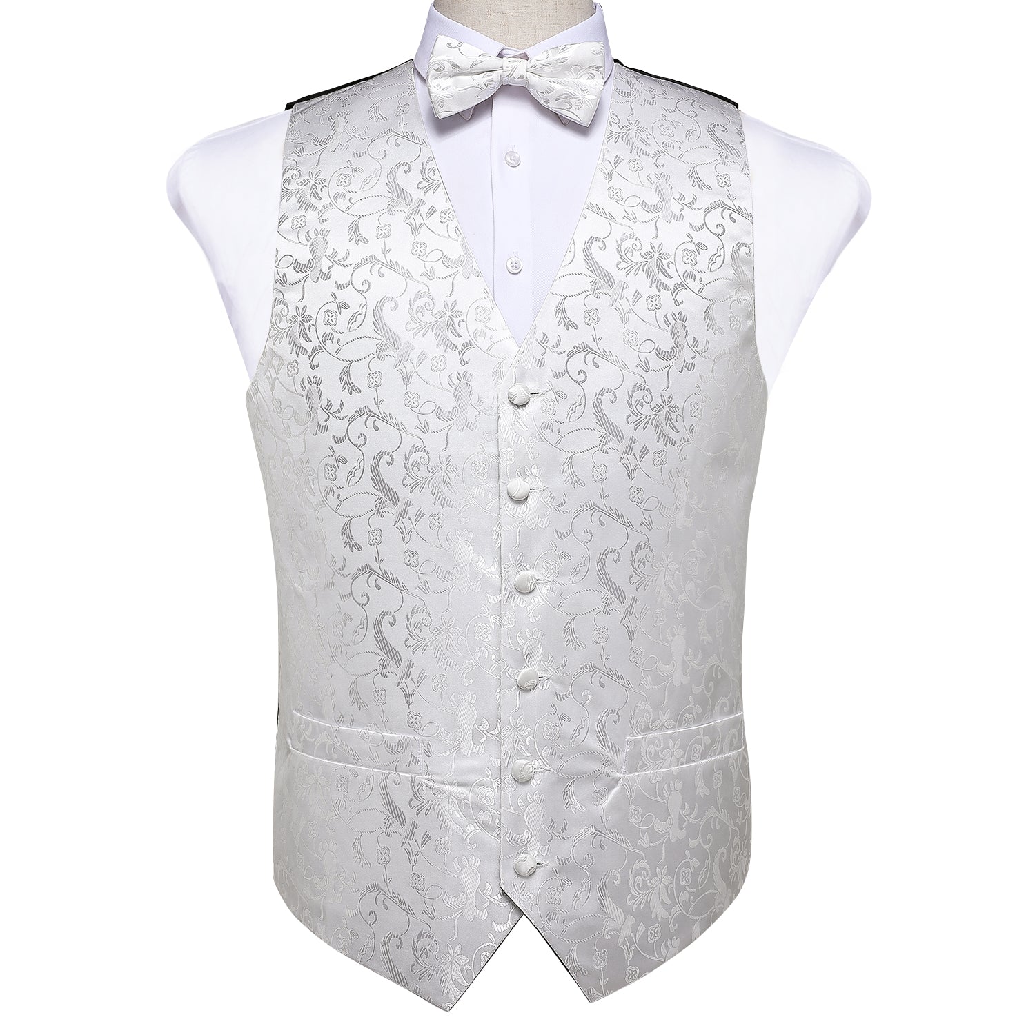 Men's White Floral Jacquard Silk Waistcoat Vest Bow-Tie Handkerchief C ...