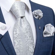 Grey Floral Silk Necktie Handkerchief Cufflinks Set With Lapel Pin Brooch Set (4666004799569)