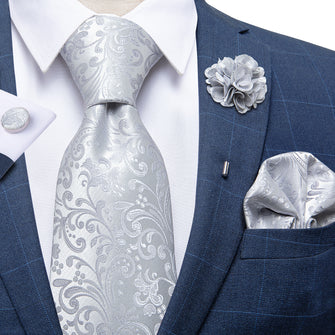 Grey Floral Silk Necktie Handkerchief Cufflinks Set With Lapel Pin Brooch Set (4666004799569)
