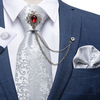 Sliver Floral Tie Men's Silk Necktie Handkerchief Cufflinks Set With GEM Lapel Pin Brooch Set
