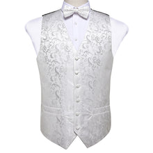 Men's White Floral Jacquard Silk Waistcoat Vest Bow-Tie Handkerchief Cufflinks Suit Set