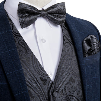Men's Black Paisley Jacquard Silk Waistcoat Vest Bowties Pocket Square Cufflinks Set