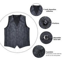 Black Knit Paisley Jacquard Silk Waistcoat Vest Tie Handkerchief Cufflinks Suit Set