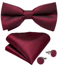 Novelty Red Solid Silk Bowtie Pocket Square Cufflinks Set