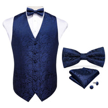 Men's Classic Navy Blue Paisley Jacquard Silk Waistcoat Vest Handkerchief Cufflinks Bow-Tie Vest Suit Set