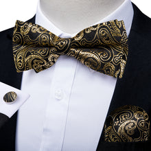 Black Gold Paisley Silk Bowtie Pocket Square Cufflinks Set