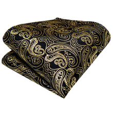 Black Gold Paisley Silk Bowtie Pocket Square Cufflinks Set