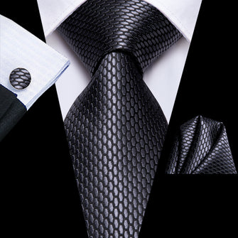 Grey Geometric Tie Pocket Square Cufflinks Set (586508697642)