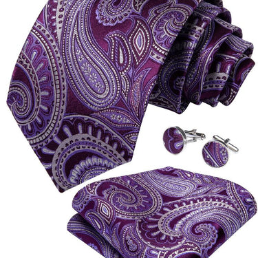 Elegent Purple Paisley Tie Handkerchief Cufflinks Set (586656251946)
