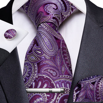 Purple Paisley Men's Tie Handkerchief Cufflinks Clip Set (4465612423249)
