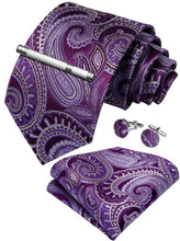 Purple Paisley Men's Tie Handkerchief Cufflinks Clip Set (4465612423249)