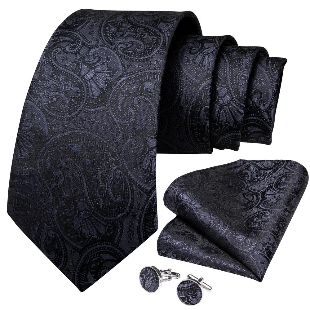 Black Paisley Tie Pocket Square Cufflinks Set– DiBanGuStore
