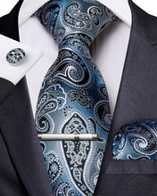 Blue Black Paisley Men's Tie Handkerchief Cufflinks Clip Set (4690569920593)