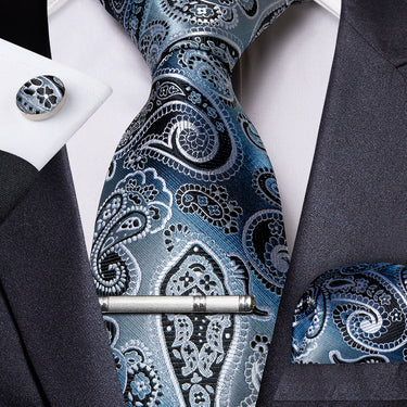 Blue Black Paisley Men's Tie Handkerchief Cufflinks Clip Set (4690569920593)
