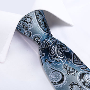 Blue Black Paisley Men's Tie Handkerchief Cufflinks Clip Set (4690569920593)