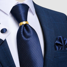4PCS Blue Geometric Tie Pocket Square Cufflinks with Tie Ring Set