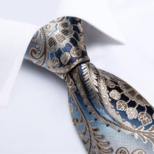Silk Tie Blue Brown Paisley tie set with mens necktie pocket square cufflinks